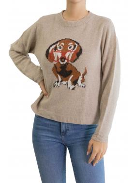 Maglia girocollo tinta unita con bassotto